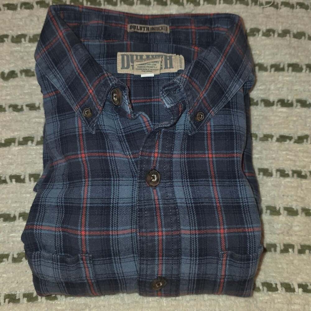 Duluth Trading Shirt Mens Large Blue Plaid Long Sleeve Flannel Untucked Casual